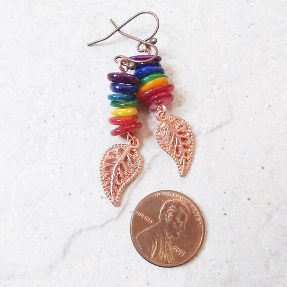 7 Chakras! Rainbow Colors! Copper Leaf Earrings! Meditation - Reiki - Picture 2 of 4